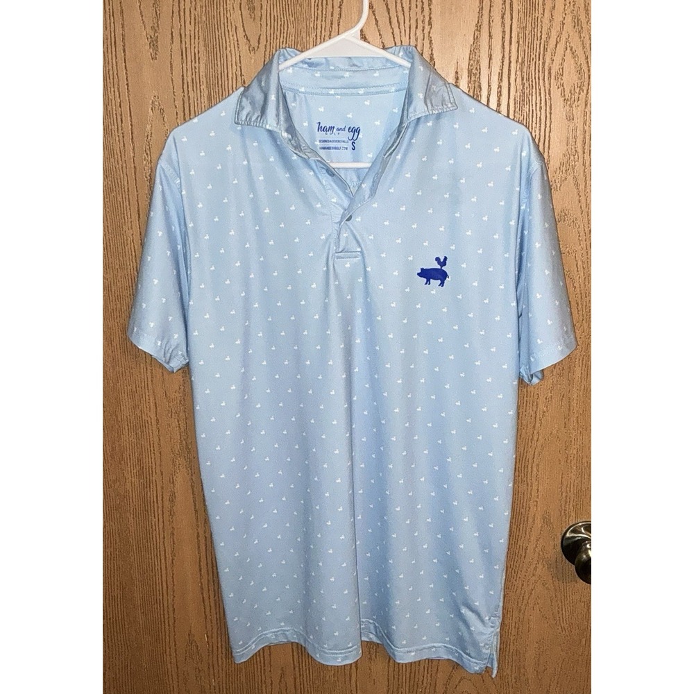 Mens HAM AND EGG‎ Golf Golfing Blue Polo Shirt Pig & Chicken Print Sz Small